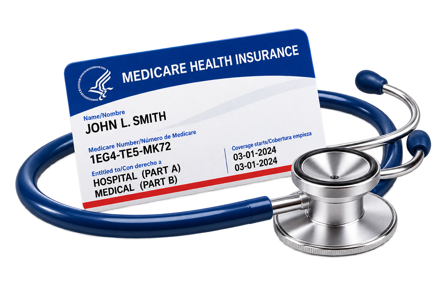 Blue Medicare health insurance card with stethoscope on white background