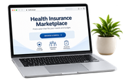 Laptop displaying “Health Insurance Marketplace” with a blue signup button beside a potted plant