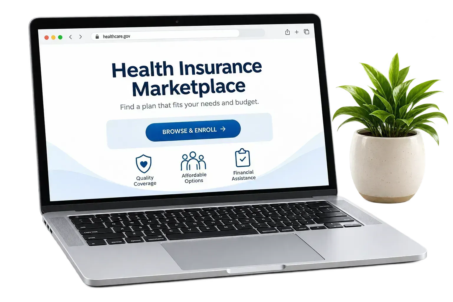 Laptop displaying “Health Insurance Marketplace” with a blue signup button beside a potted plant