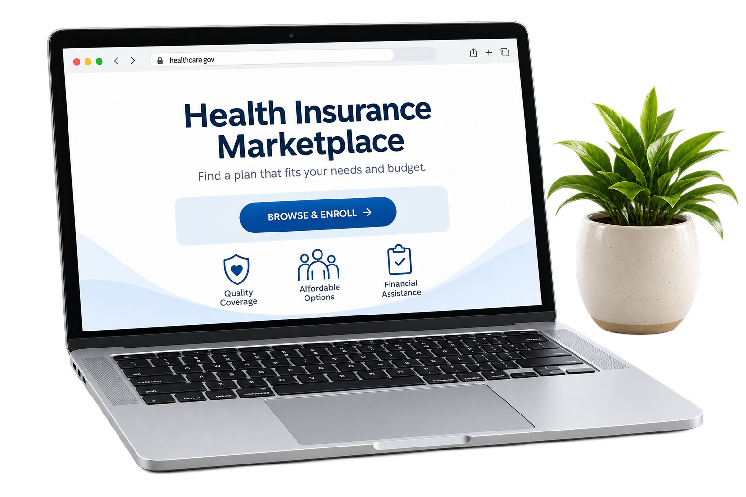Laptop displaying “Health Insurance Marketplace” with a blue signup button beside a potted plant