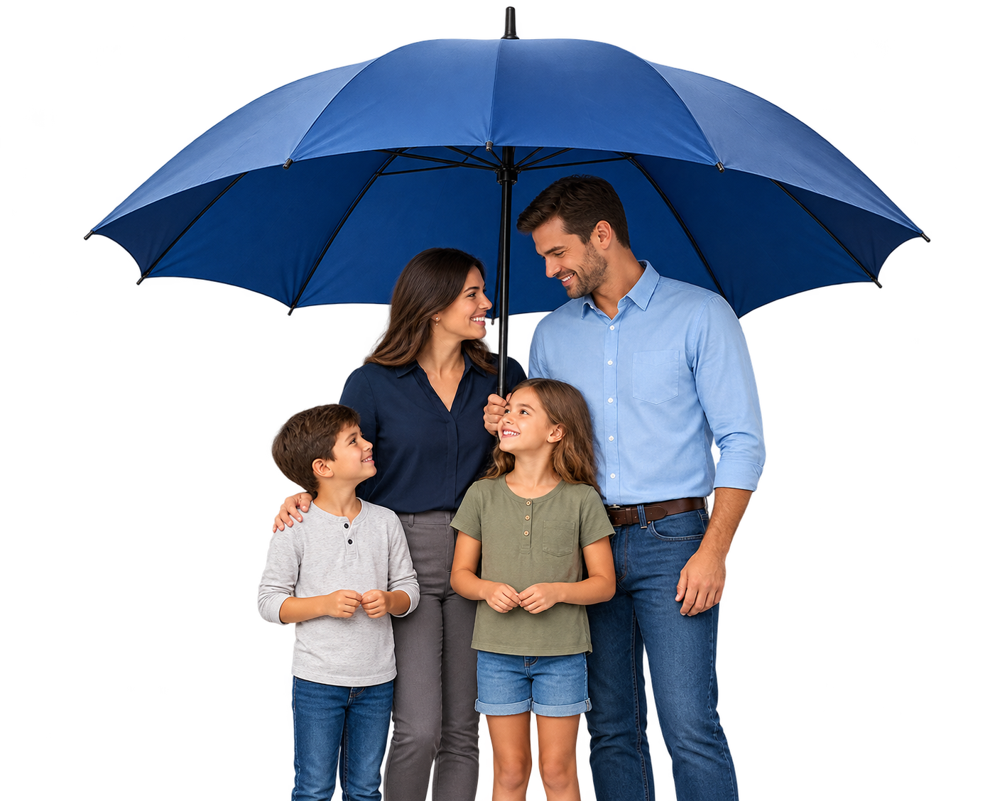 Family of four standing under a large blue umbrella, smiling at one another against a white background