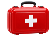 Red first aid kit with white cross and black handle on a white background