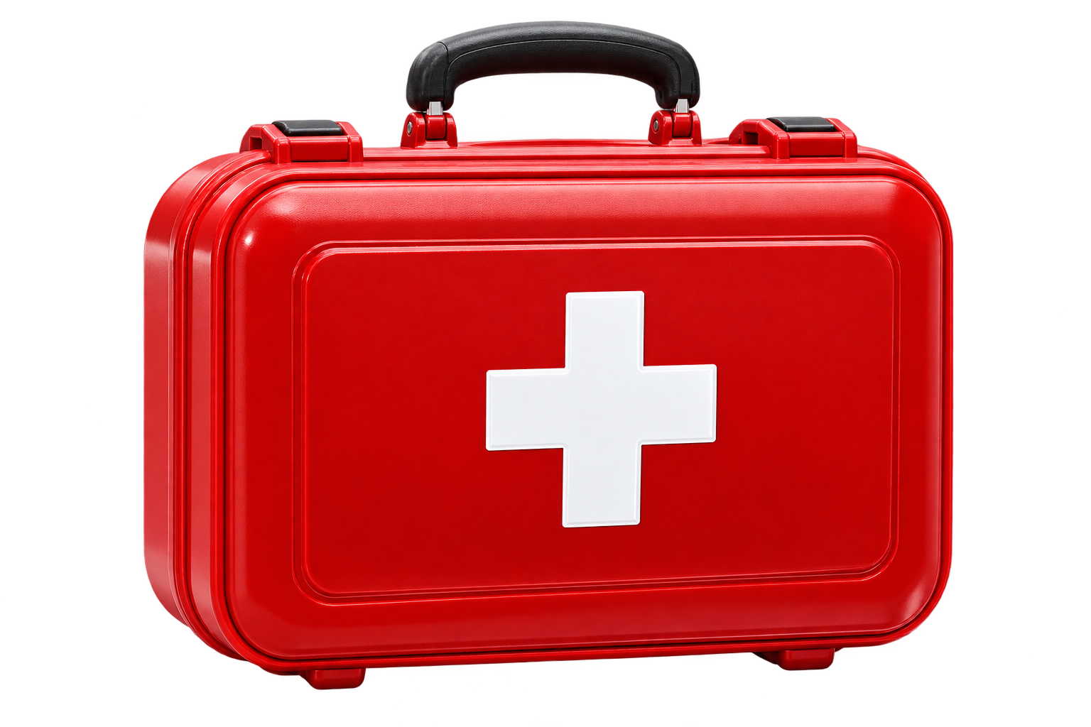 Red first aid kit with white cross and black handle on a white background