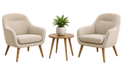 Two beige armchairs flanking a small wooden table with a potted plant
