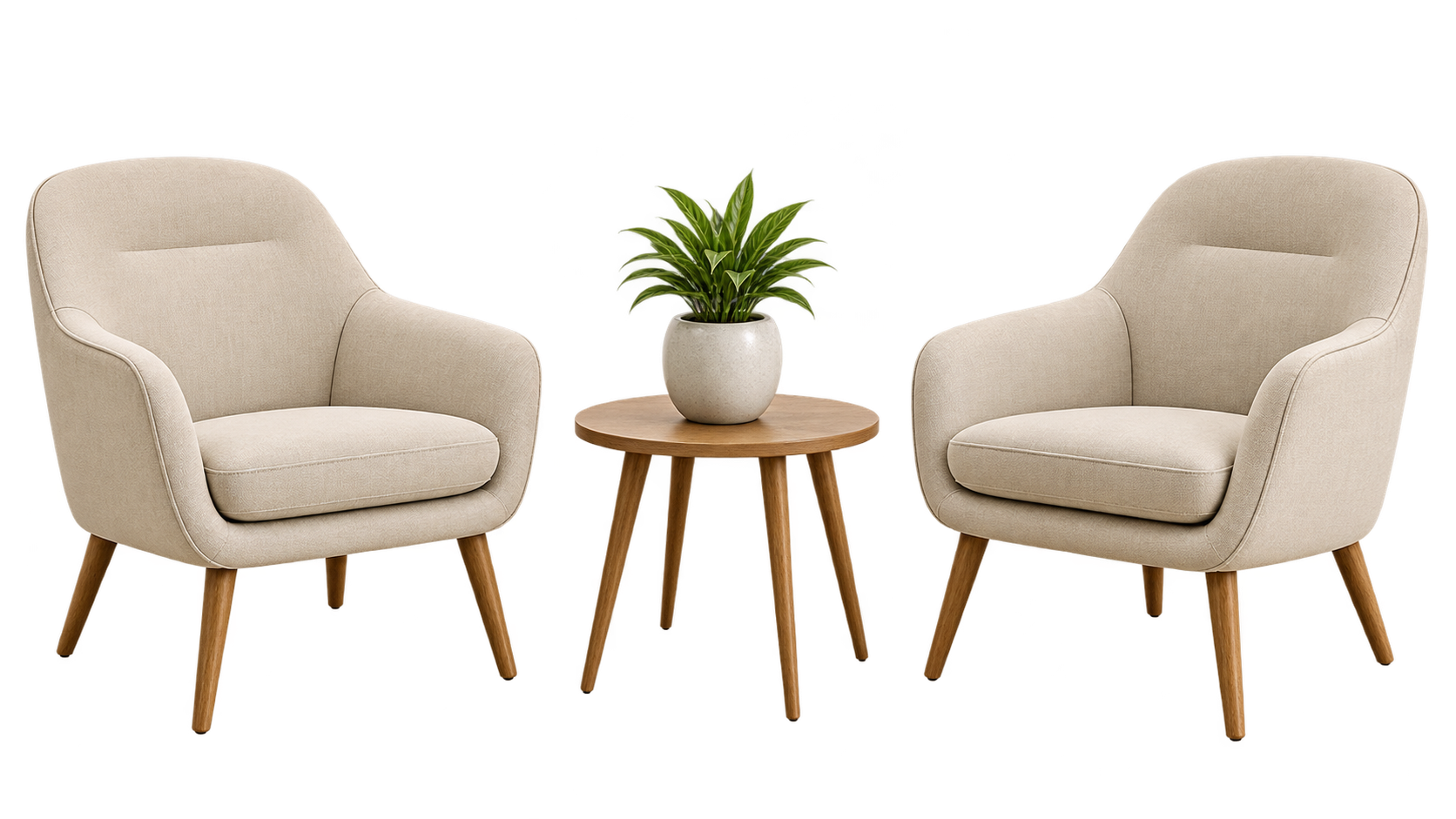 Two beige armchairs flanking a small wooden table with a potted plant