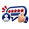 Thumbs-up beside a five-star review speech bubble and user icon in blue and red