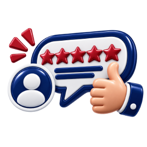 Thumbs-up beside a five-star review speech bubble and user icon in blue and red