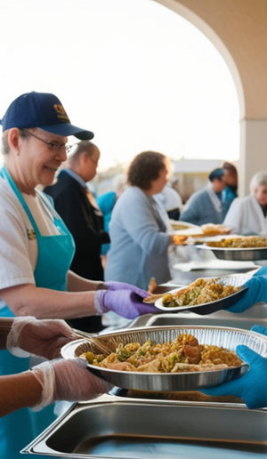 Volunteers serving food from a buffet table at a community meal, with trays of pasta in the foreground
