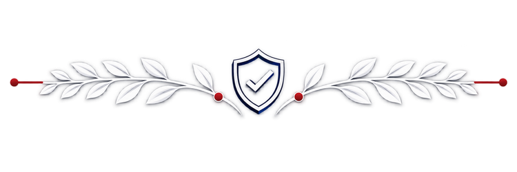 Decorative silver laurel branches framing a blue shield emblem with red accents on a white background