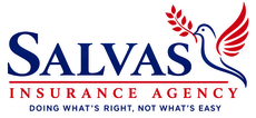 Salvas Insurance Agency logo with red and blue text and a stylized bird above the tagline