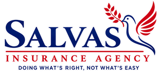 Salvas Insurance Agency logo with red and blue text and a stylized bird above the tagline