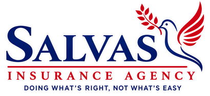 Salvas Insurance Agency logo with red and blue text and a stylized bird above the tagline