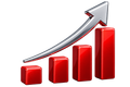 Red bar chart with an upward silver arrow indicating growth