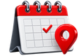 Red desk calendar with a check mark and location pin icon
