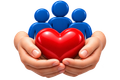 Hands holding a red heart with three blue figures behind it