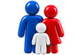 Three stylized human figures: blue and red adults behind a smaller white child figure.