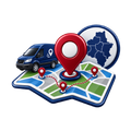 Delivery van on a map with red location pins and route markers, beside a blue region icon