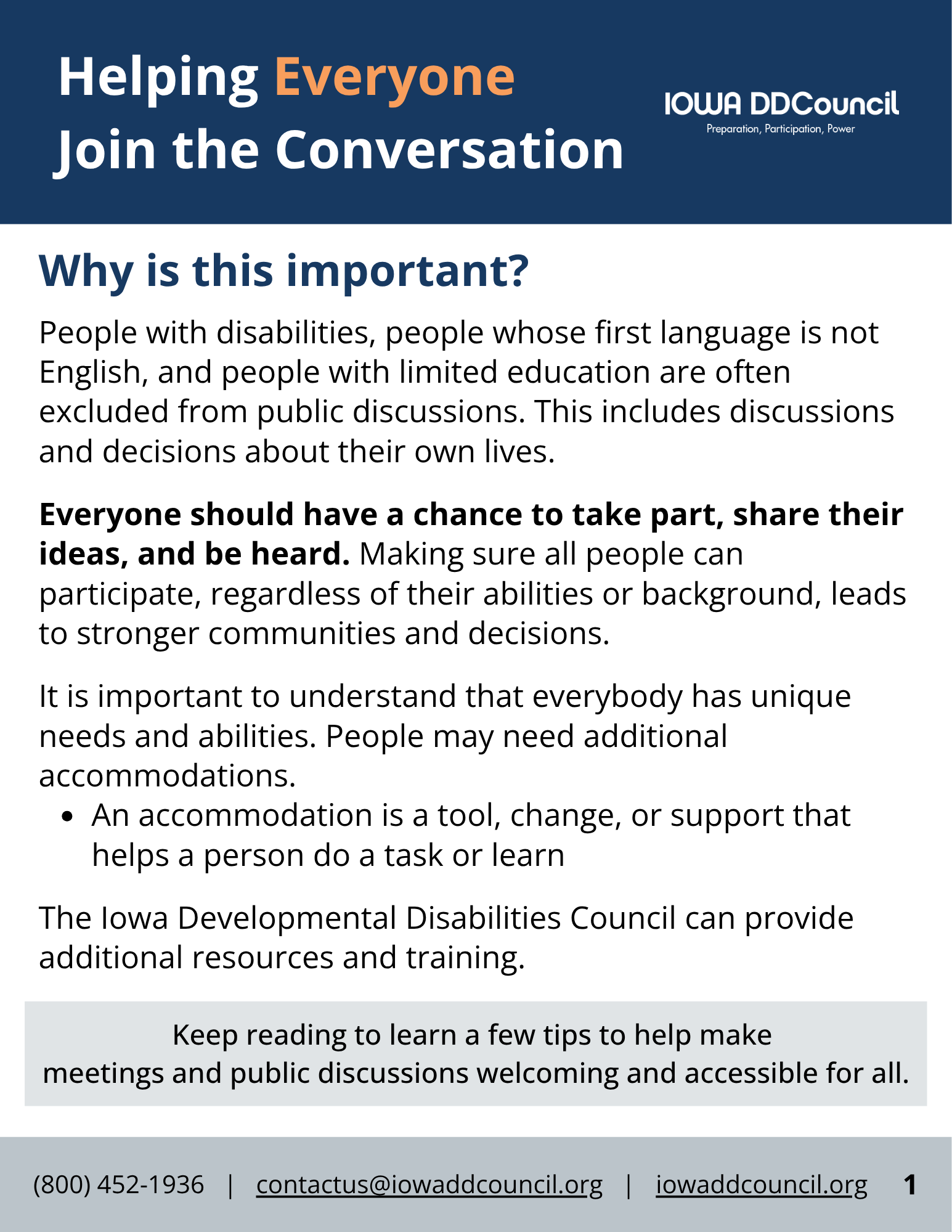 Informational flyer from the Iowa Developmental Disabilities Council titled “Helping Everyone Join the Conversation.” The design features a navy blue header with orange and white text. The flyer explains why inclusive public discussions are important, noting that people with disabilities, non‑native English speakers, and those with limited education are often excluded. It emphasizes that everyone should have the chance to share ideas and be heard, and defines accommodations as tools or supports that help people participate. The footer includes contact details: phone number (800) 452‑1936, email contactus@iowaddcouncil.org, and website iowaddcouncil.org.