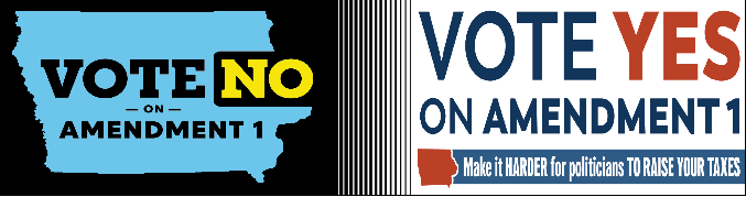 Banner with logos for vote no Logo merging into vote yes logo. Vote no logo is black background with light blue state of iowa. Vote NO on Amendment 1 is in Black, with the NO in yellow.  The vote Yes logo has white background, with VOTE YES on Amendment 1 in blue (with yes in red). Below it has a red state of Iowa with the words 