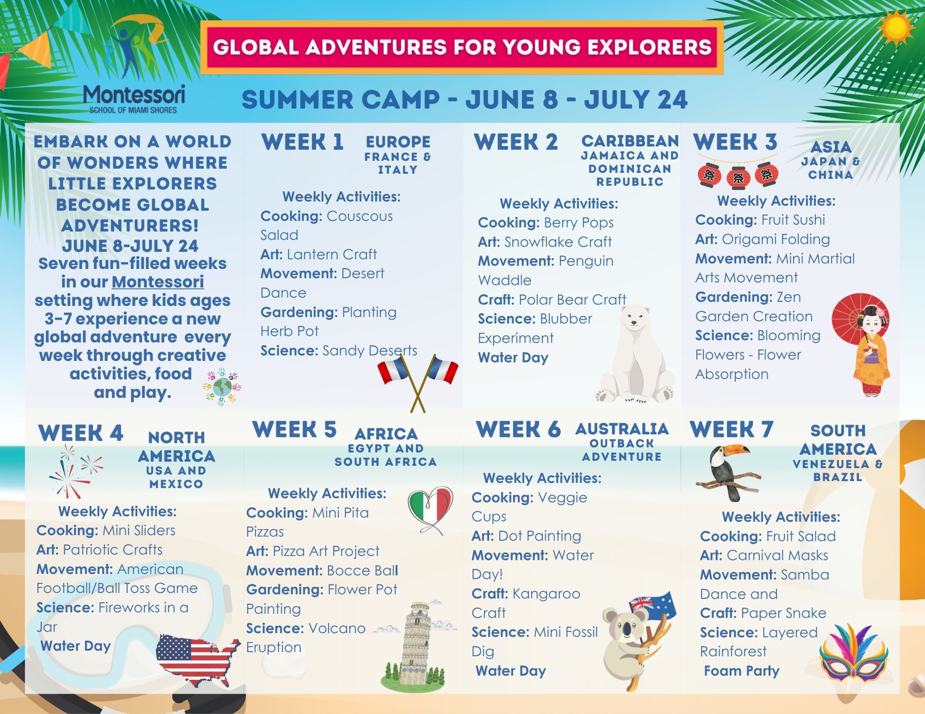 Montessori summer camp schedule poster with weekly themes, dates, and colorful travel illustrations.