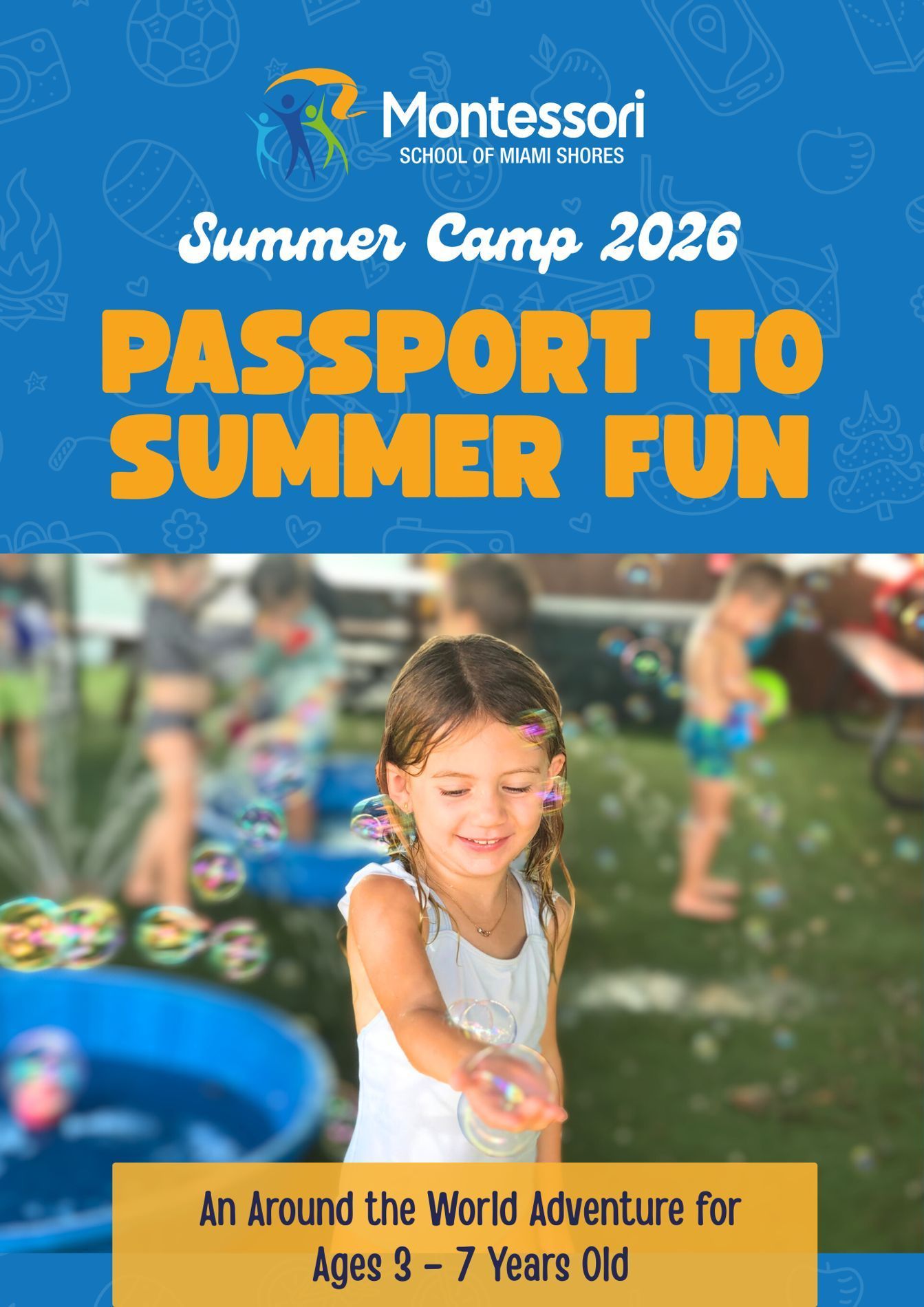Montessori Summer Camp 2026 flyer with smiling child outdoors and bold “Passport to Summer Fun” text