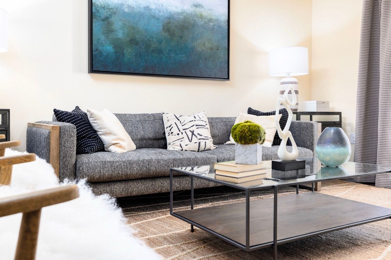 Living room scene with a gray sofa, decorative cushions, and a glass coffee table.