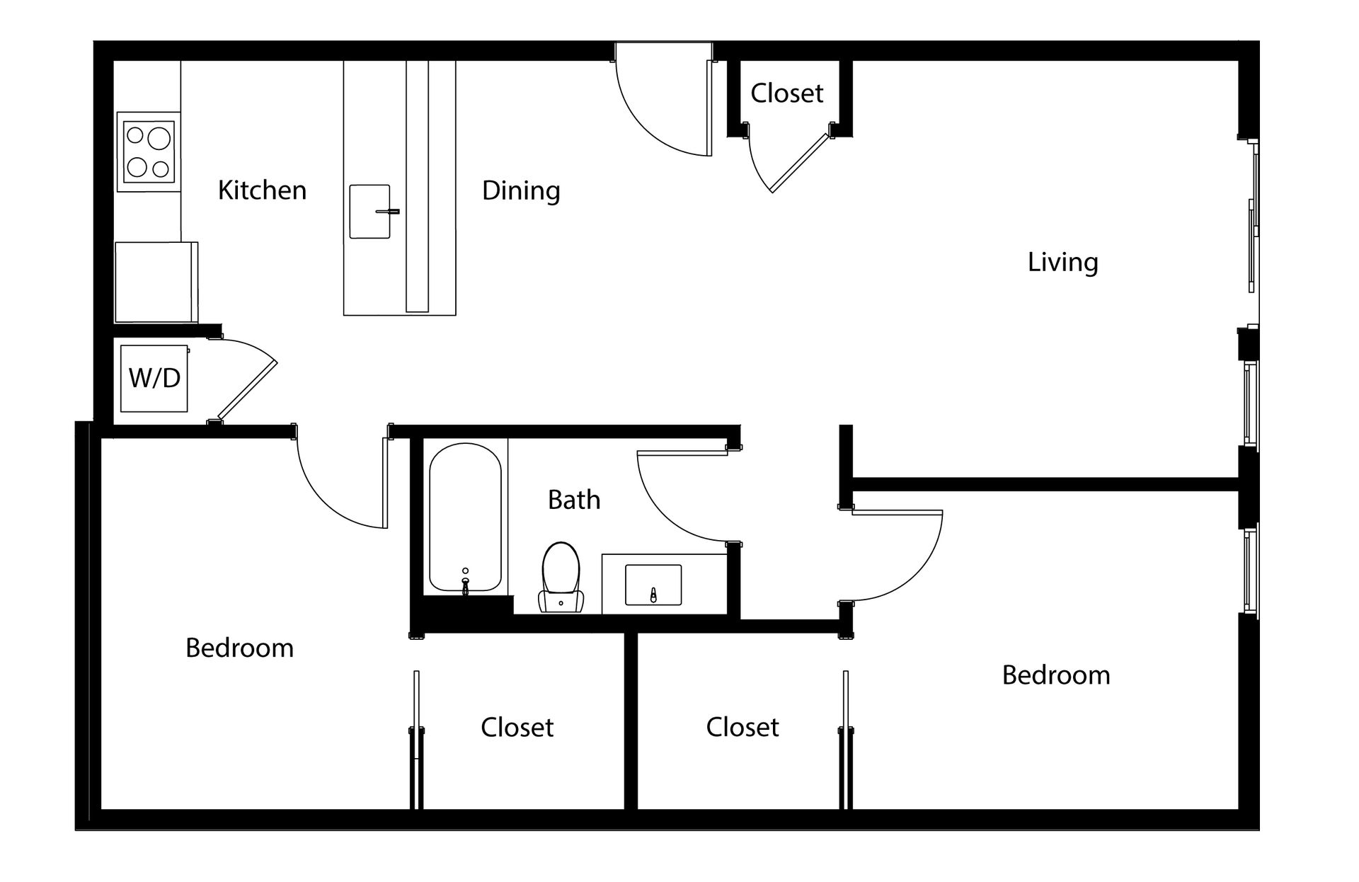 Black-and-white floor plan of an apartment with rooms, doors, and bathrooms.