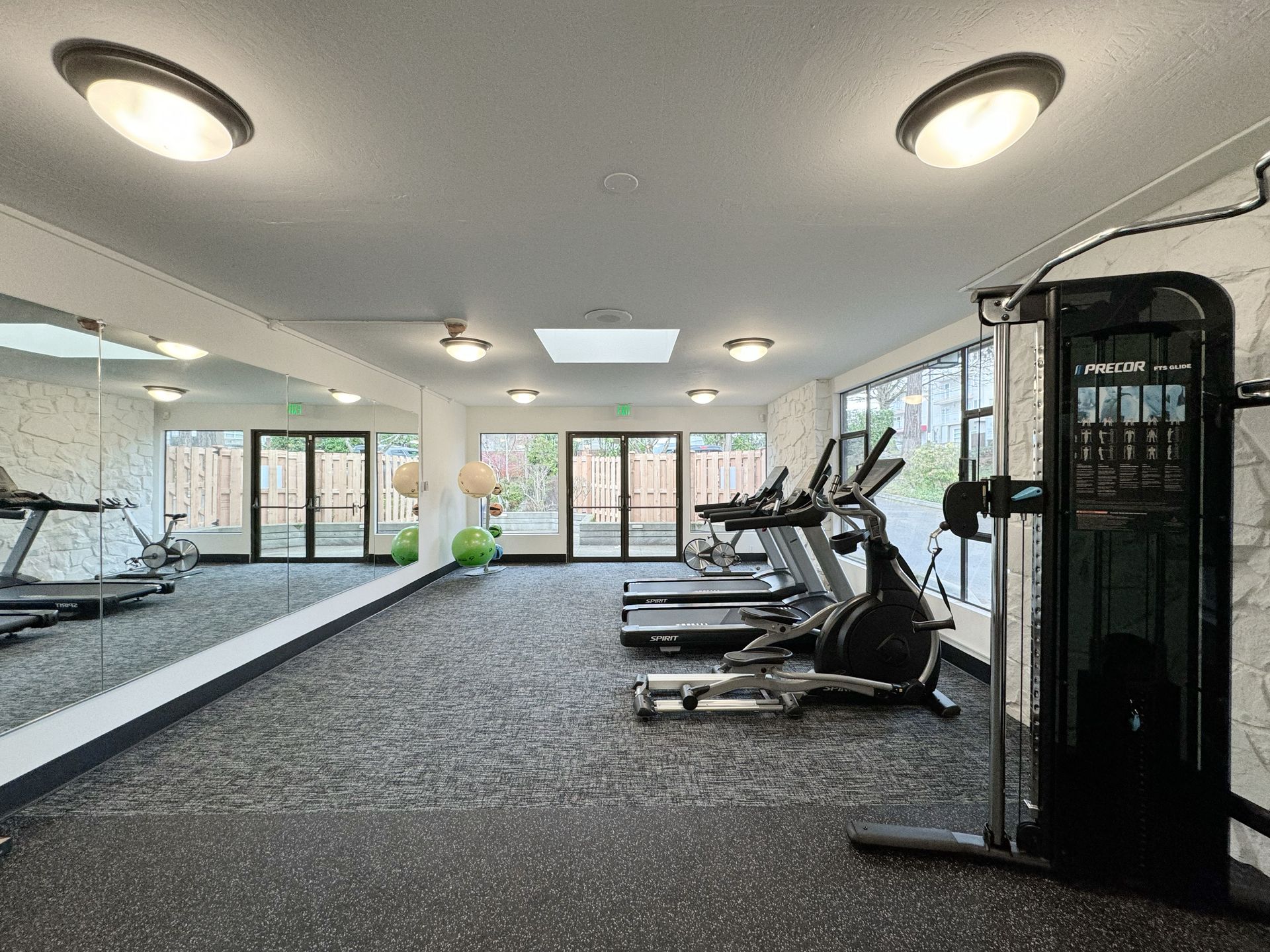 Bright fitness room with treadmills, weight machine, mirrored wall, and large windows.