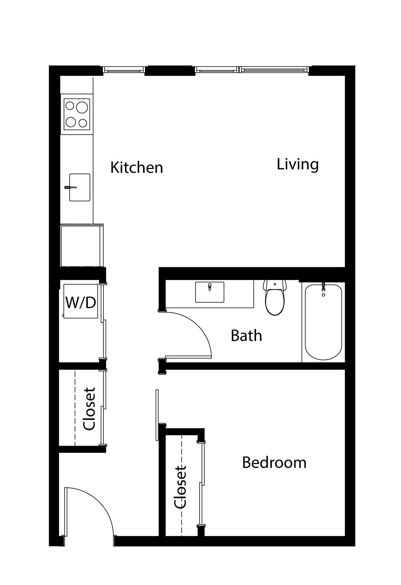 Black-and-white apartment floor plan with kitchen, living room, bath, bedroom, closets, and entry hall