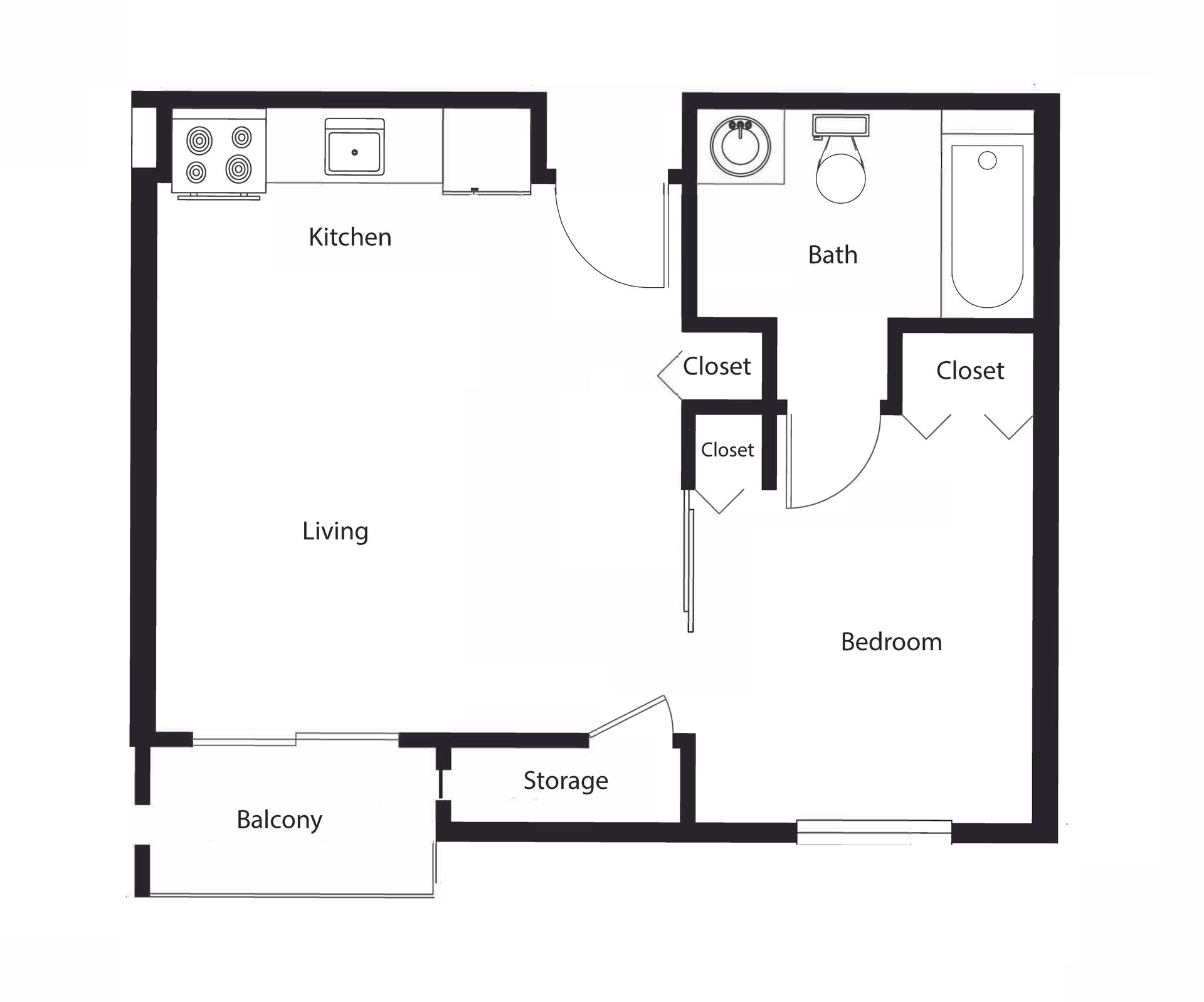 Black-and-white floor plan of a small apartment with kitchen, living area, bedroom, and bathroom.