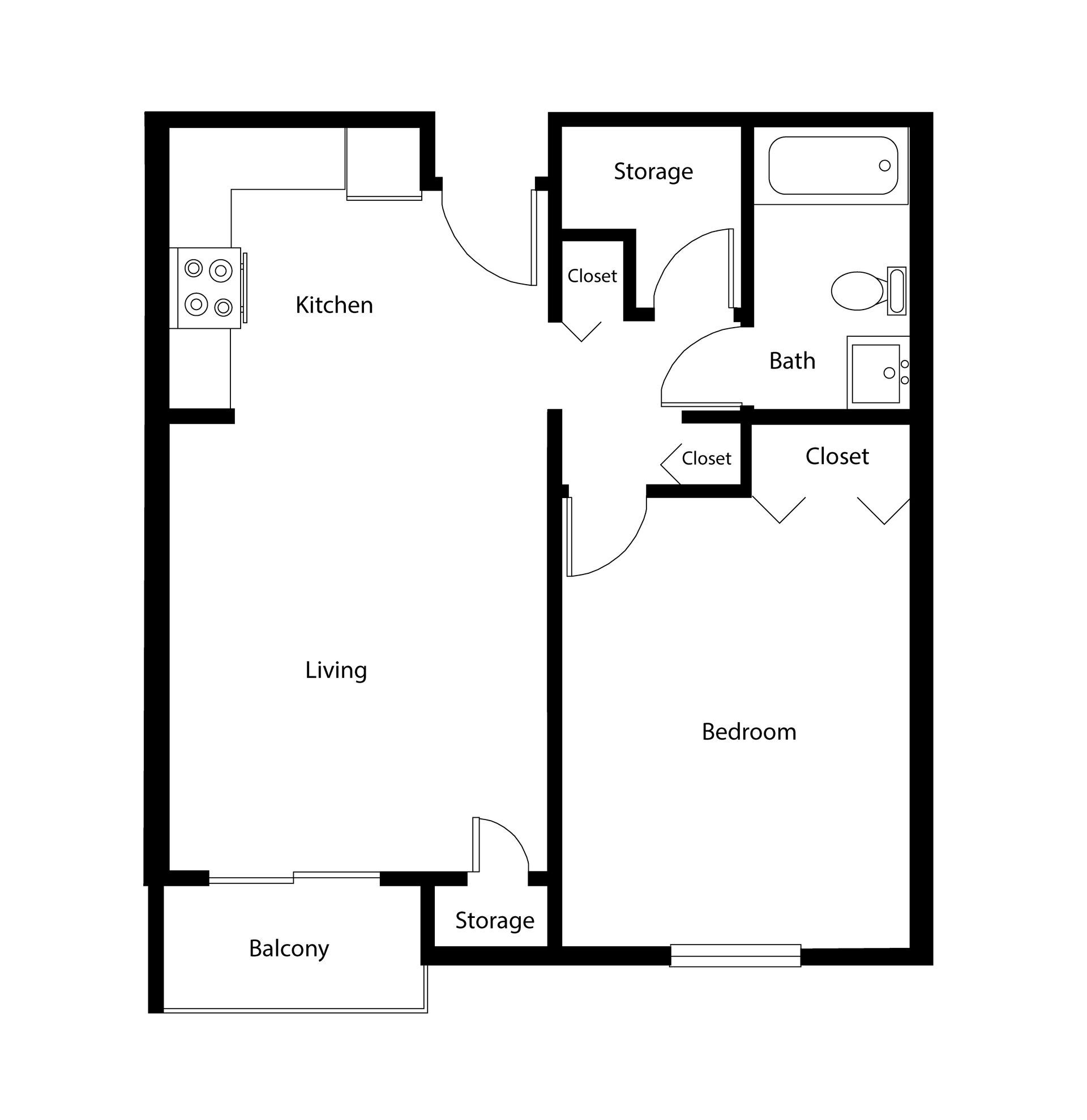 Black-and-white floor plan of a small apartment with rooms, doors, and a bathroom.