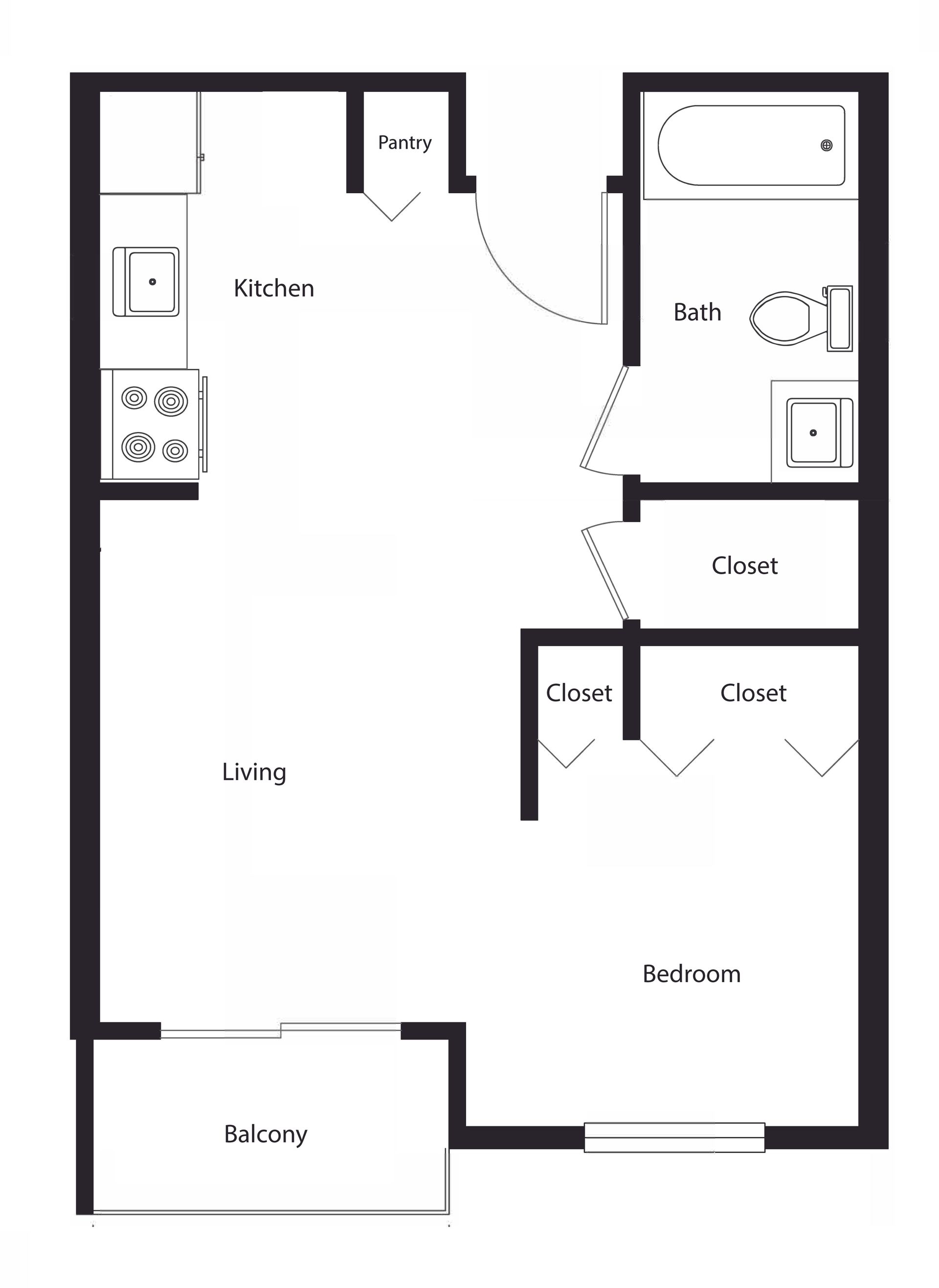 Apartment floor plan with kitchen, living room, bedroom, bathroom, and furniture layout