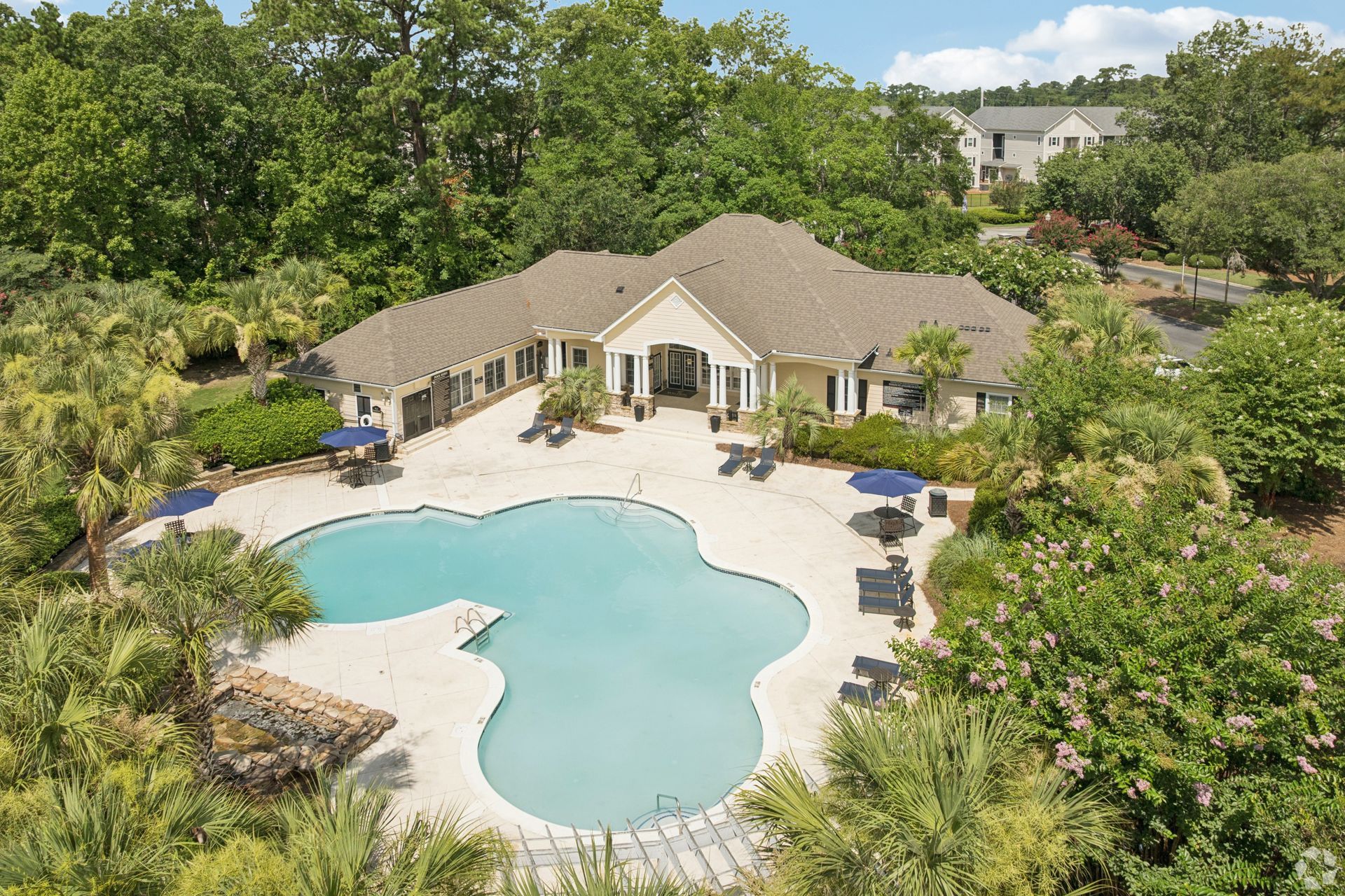 Aerial view of a house with a large curving backyard pool surrounded by lush greenery.