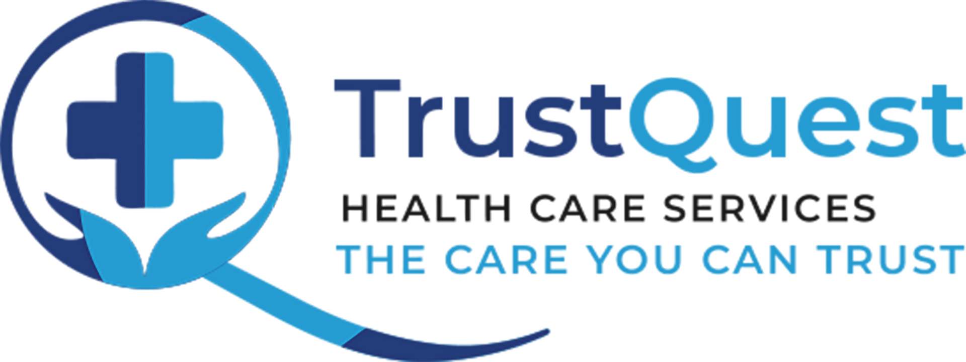 Logo for TrustQuest Health Care Services featuring a medical cross inside a magnifying glass held by stylized hands.