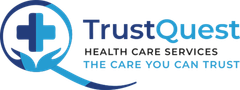 Logo for TrustQuest Health Care Services featuring a medical cross inside a magnifying glass held by stylized hands.
