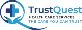Logo for TrustQuest Health Care Services featuring a medical cross inside a magnifying glass held by stylized hands.