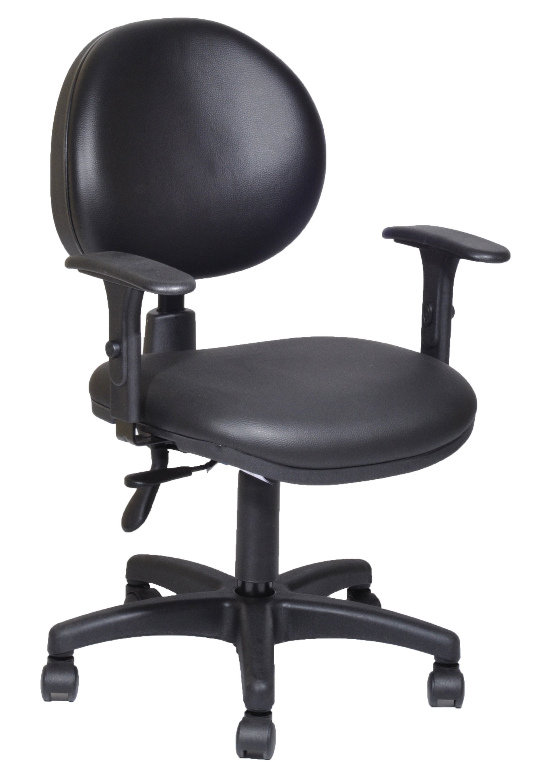 Cadeira-Para-Home-Office-Giratória-Modelo-Executiva-Com-Assento-E-Encosto-Médio-Com-Mecanismo-Back-System-Para-Regulagem-Do-Encosto-E-Revestimento-Na-Cor-Preta-Com-Apoio-De-Braço-Com-Regulagem-De-Altura-Estrutura-Da-Cadeira-Preta-Com-Rodinhas-Em-Polipropileno