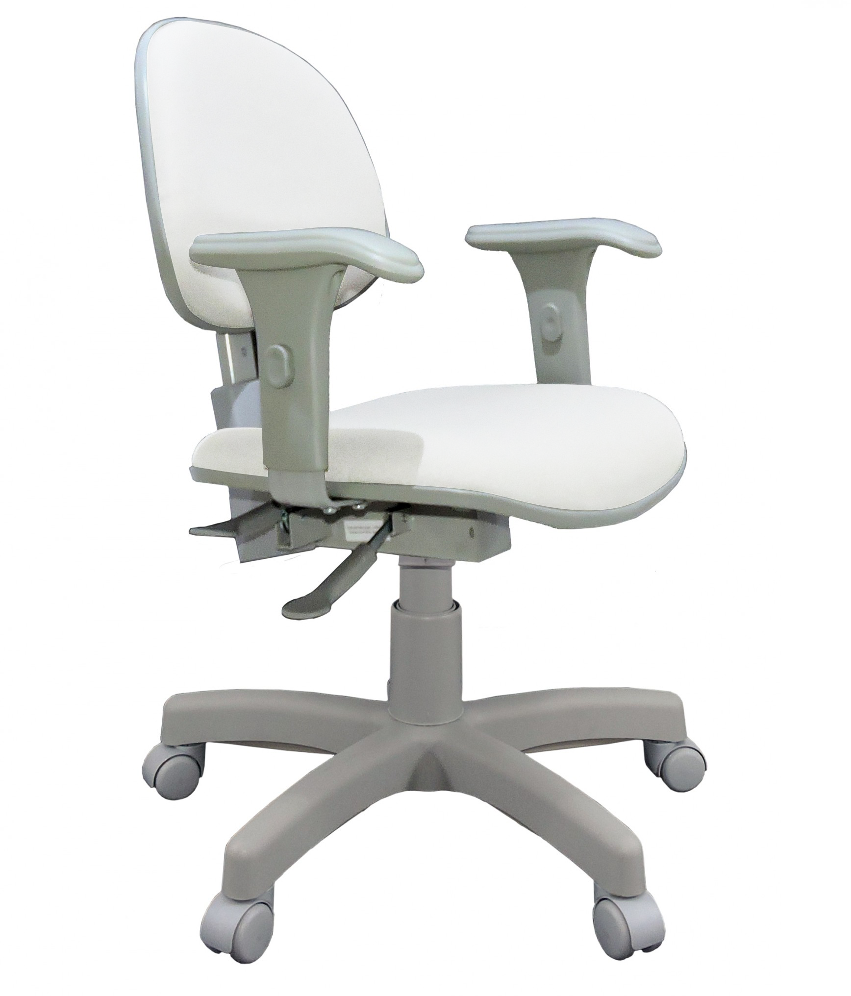 Cadeira-De-Escritório-Giratória-Modelo-Executiva-Com-Assento-E-Encosto-Médio-Revestimento-Na-Cor-Branca-Com-Apoio-De-Braço-Com-Regulagem-De-Altura-Estrutura-Da-Cadeira-Cinza-Com-Rodinhas-Em-Polipropileno-Cinza