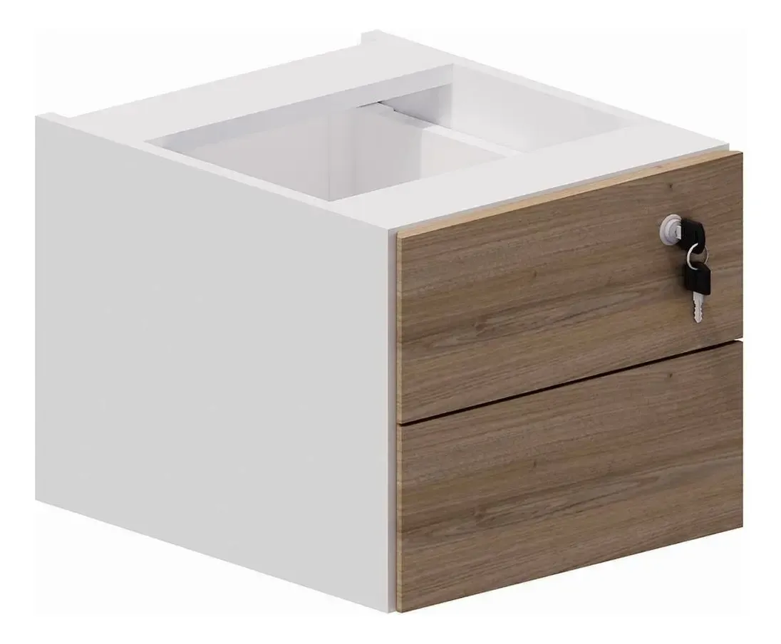 Gaveteiro de mesa de escritorio com duas gavetas em mdf com estrutura branca e frente  em cor  madeirada com fechadura na gaveta frontal.