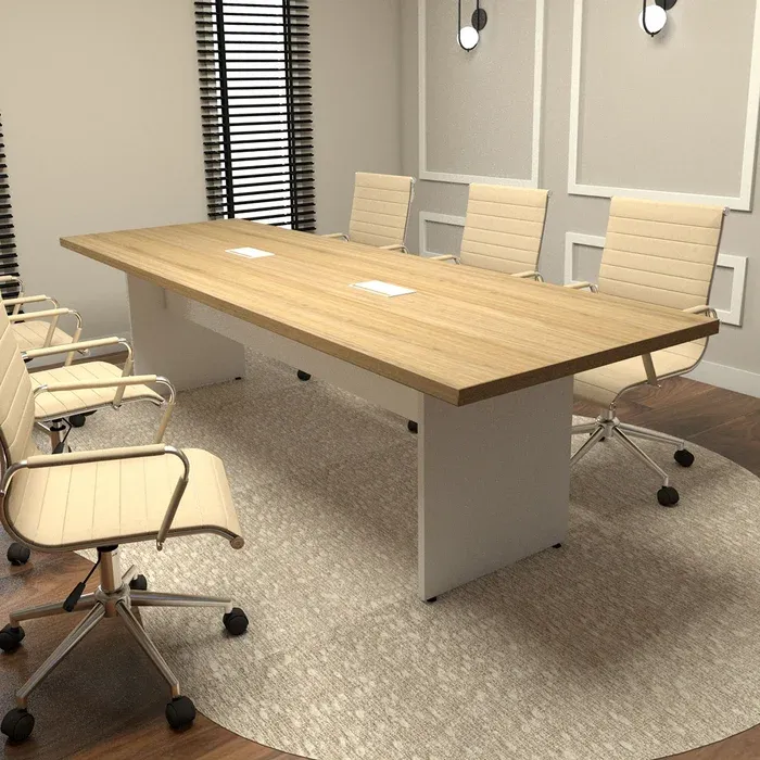 Mesa-De-Reuniao-Retangular-Em-Mdf-Tampo-Na-Cor-Carvalho-Pé-Painel-Na-Cor-Banca-Com-Duas-Caixas-De-Tomada