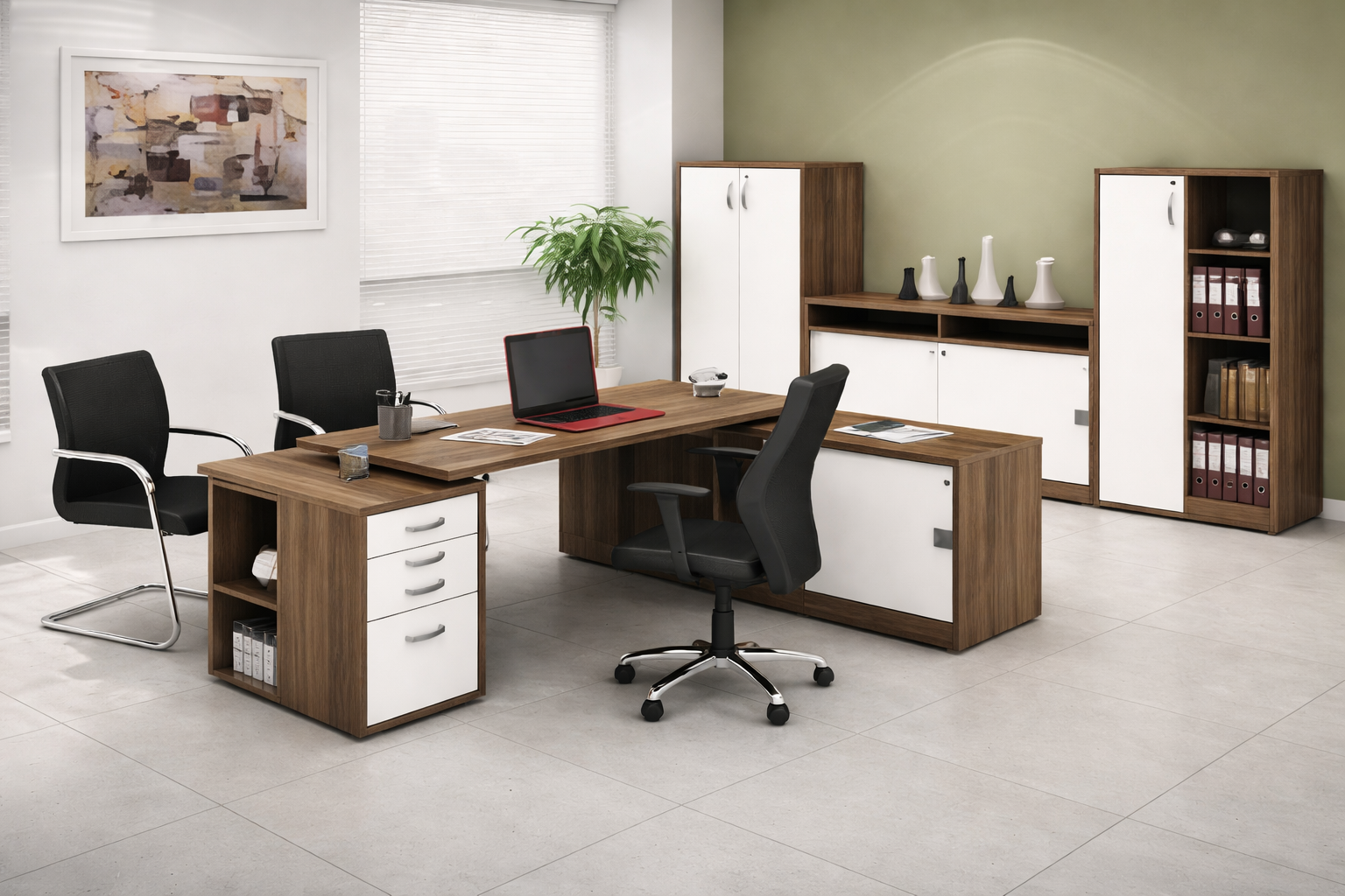 Mesa_diretor_MDF_com_detalhes_branco_com_gaveteiro_caixa_de_tomada_e_canaleta_de_passar_fio