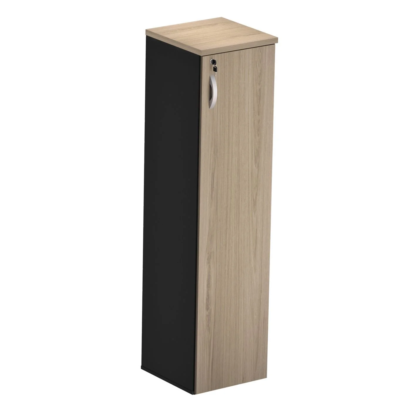 Armário alto para escritorio com 1 porta com chave . Confeccionado  em mdf na cor preta, porta com chave e puxador no centro. Produto de alta resistência.