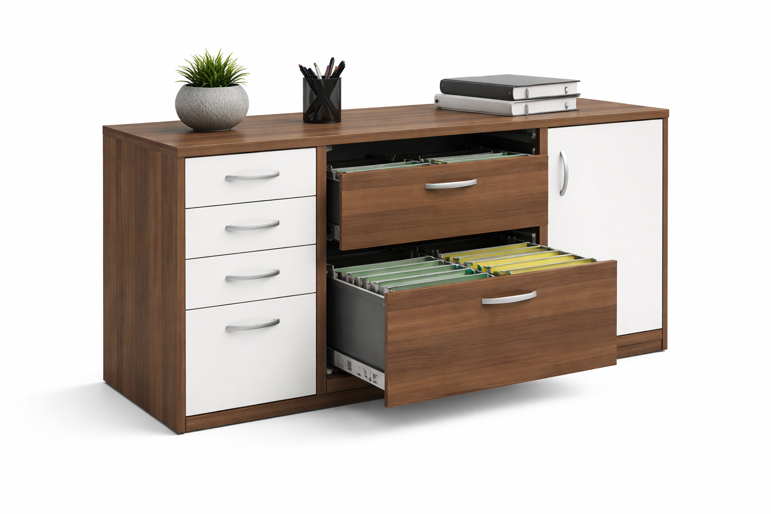 armario baixo de escritorio com 4 gavetas e dois gavetões para pasta suspensa com corrediças telescopicas  e uma porta com chave . Produto com acabamento em mdf amadeira e armário.