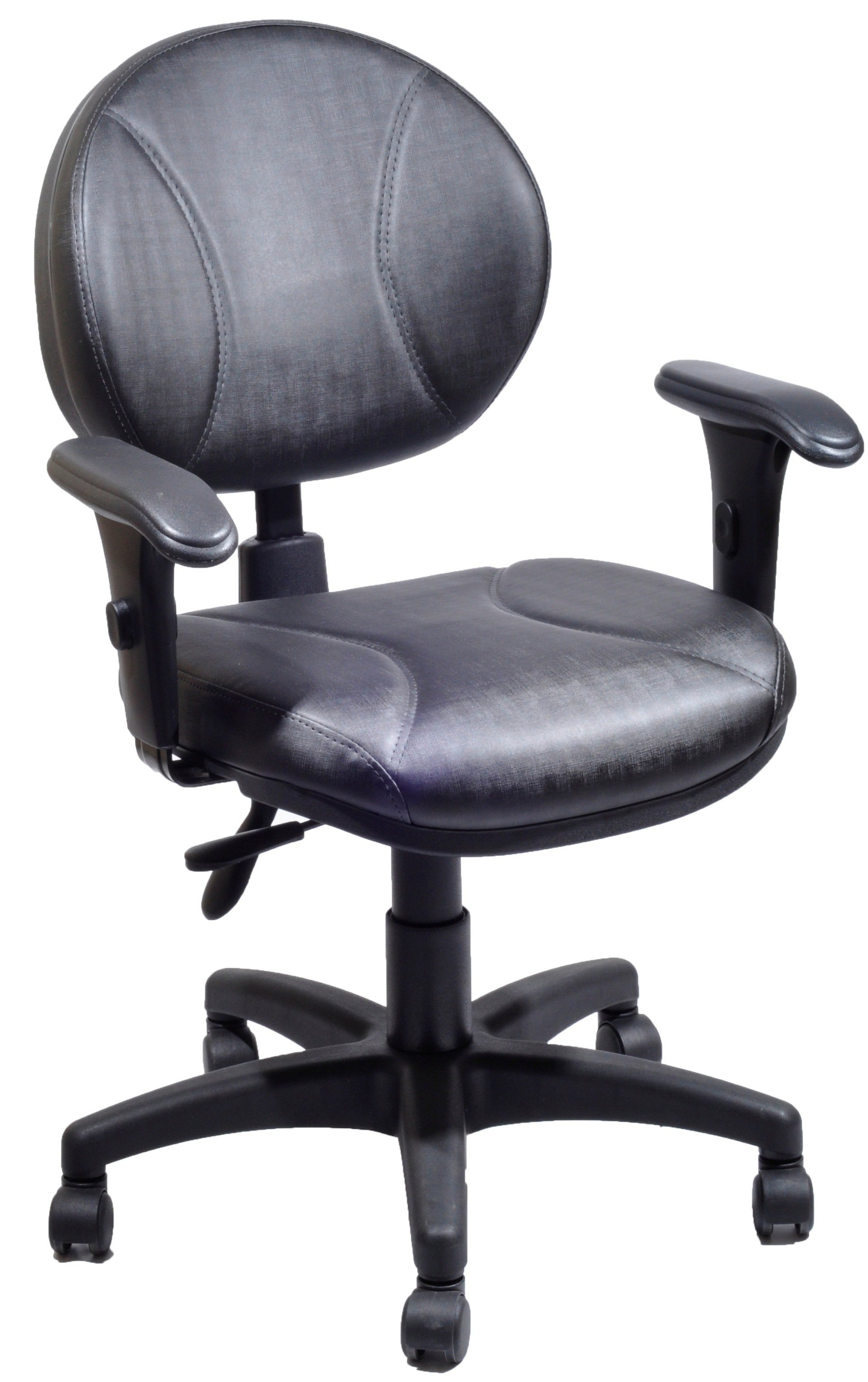 Cadeira-Para-Escritório-Giratória-Modelo-Executiva-Com-Assento-E-Encosto-Médio-Com-Mecanismo-Back-System-Para-Regulagem-Do-Encosto-Com-Costura-Em-Alto-Relevo-Revestimento-Na-Cor-Preta-Com-Apoio-De-Braço-Com-Regulagem-De-Altura-Estrutura-Da-Cadeira-Preta-Com-Rodinhas-Em-Polipropileno