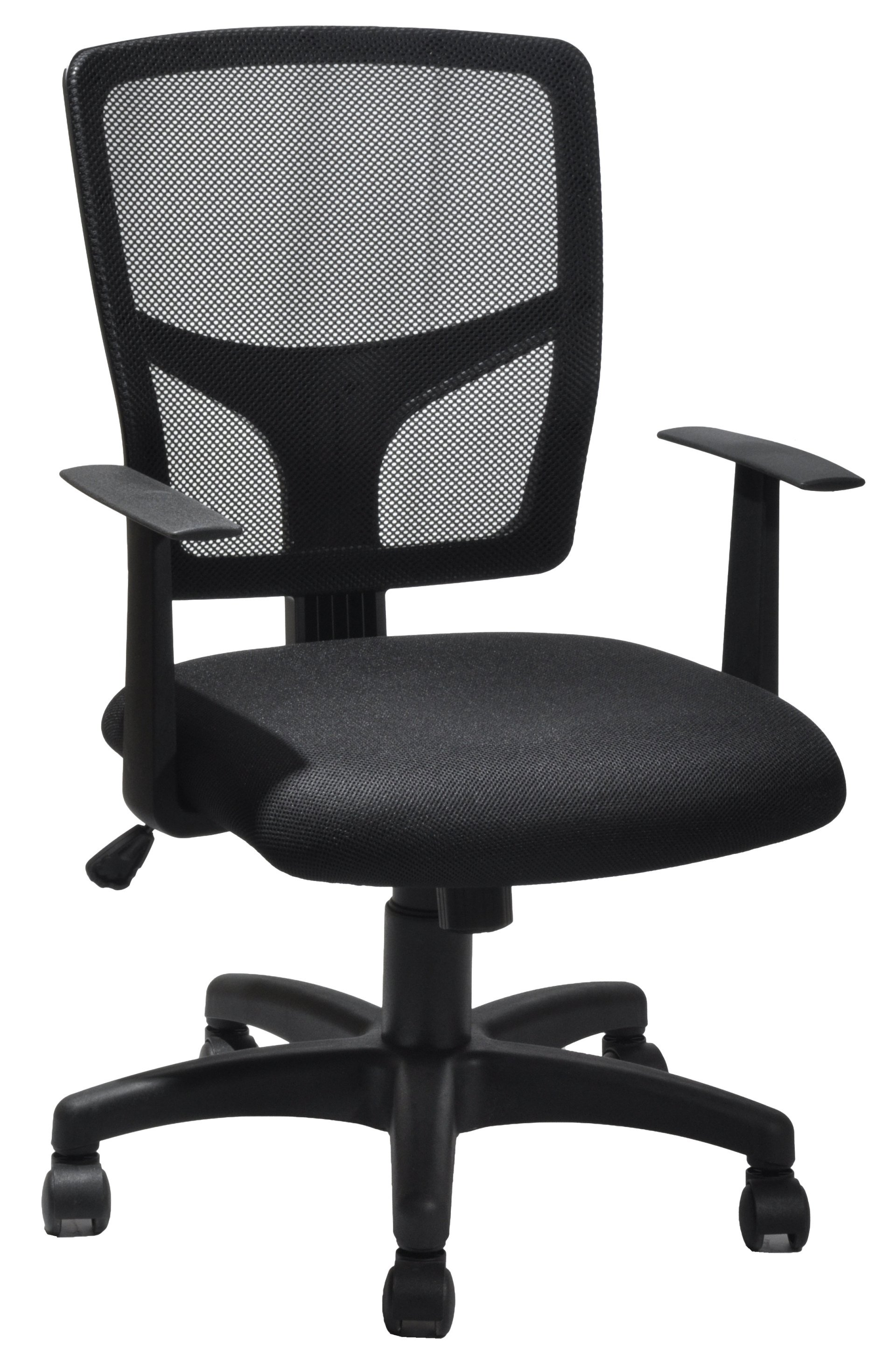 Cadeira-Giratória-Telada-Com-Mecanismo-Back-System-Para-Regulagem-Do-Encosto-E-Com-Apoio-Lombar-Com-Formato-De-T-Assento-Em-Estofado-Com-Revestimento-Impermeável-Apoio-De-Braço-Fixo-Estrutura-Preta-Suporta-Até-120-kg