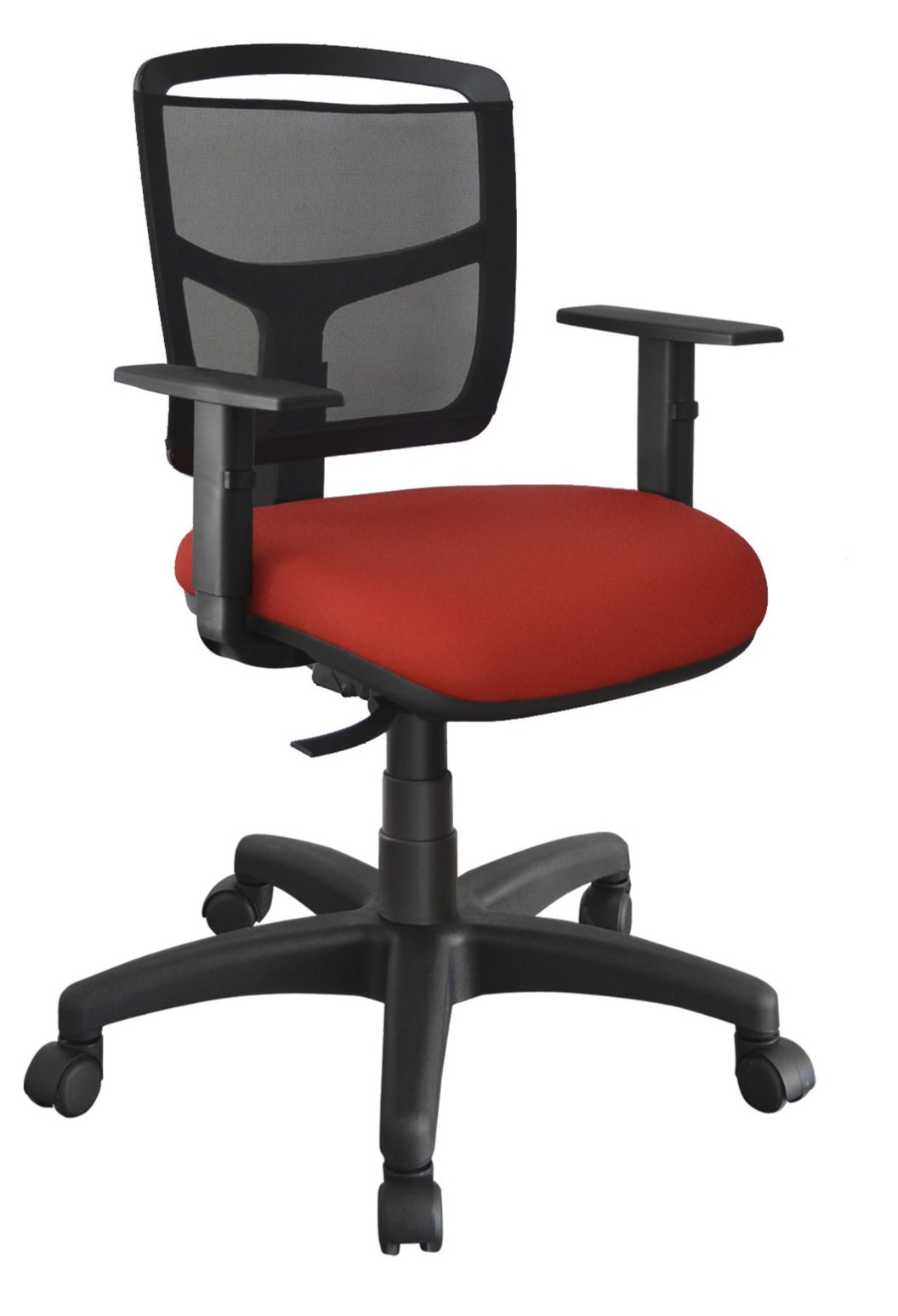 Cadeira-Giratória-De-Tela-Com-Mecanismo-Back-System-Para-Regulagem-Do-Encosto-E-Com-Apoio-Lombar-Com-Formato-De-T-Assento-Em-Estofado-Com-Revestimento-Impermeável-Na-Cor-Vermelha-Apoio-De-Braço-Regulavel-Estrutura-Preta-Suporta-Até-120-kg