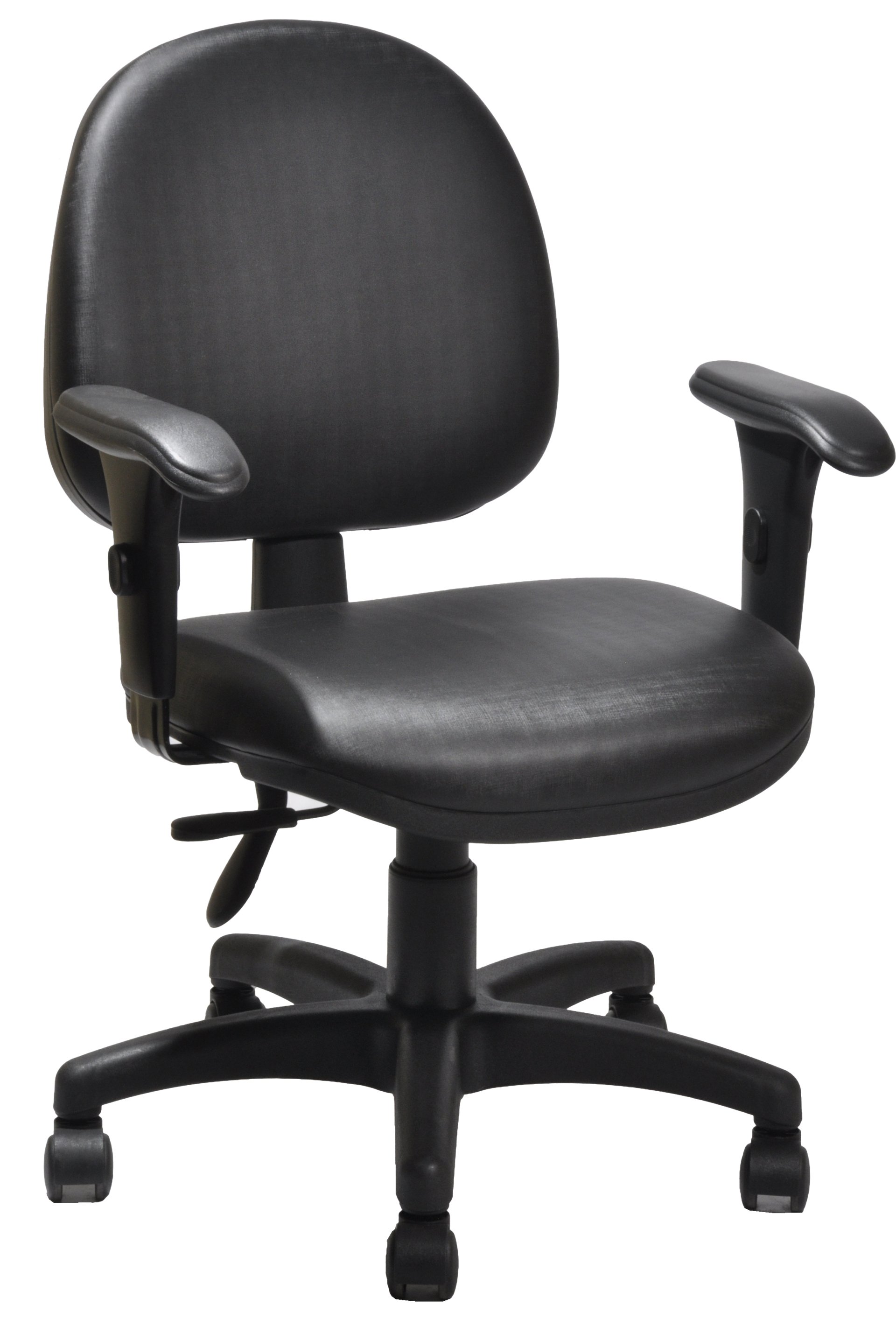 Cadeira-De-Home-Office-Giratória-Modelo-Executiva-Com-Assento-E-Encosto-Médio-Com-Mecanismo-Back-System-Para-Regulagem-Do-Encosto-E-Revestimento-Na-Cor-Preta-Com-Apoio-De-Braço-Com-Regulagem-De-Altura-Estrutura-Da-Cadeira-Preta-Com-Rodinhas-Em-Polipropileno