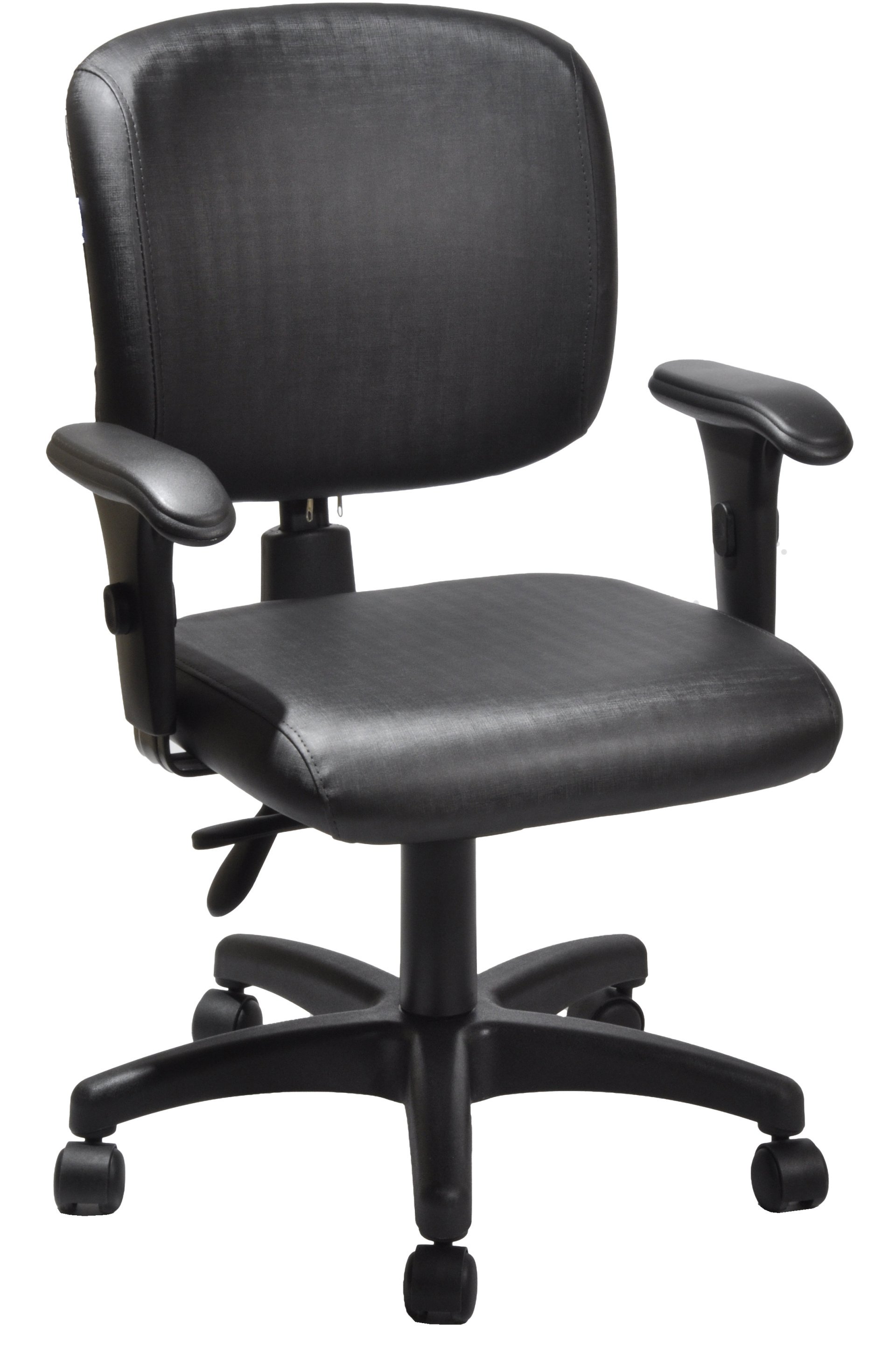 Cadeira-Mini-Fraque-Giratória-Modelo-Executiva-Com-Assento-E-Encosto-Médio-Revestimento-Na-Cor-Preta-Com-Apoio-De-Braço-Com-Regulagem-De-Altura-Estrutura-Da-Cadeira-Preta-Que-Suporta-Até-120-kg