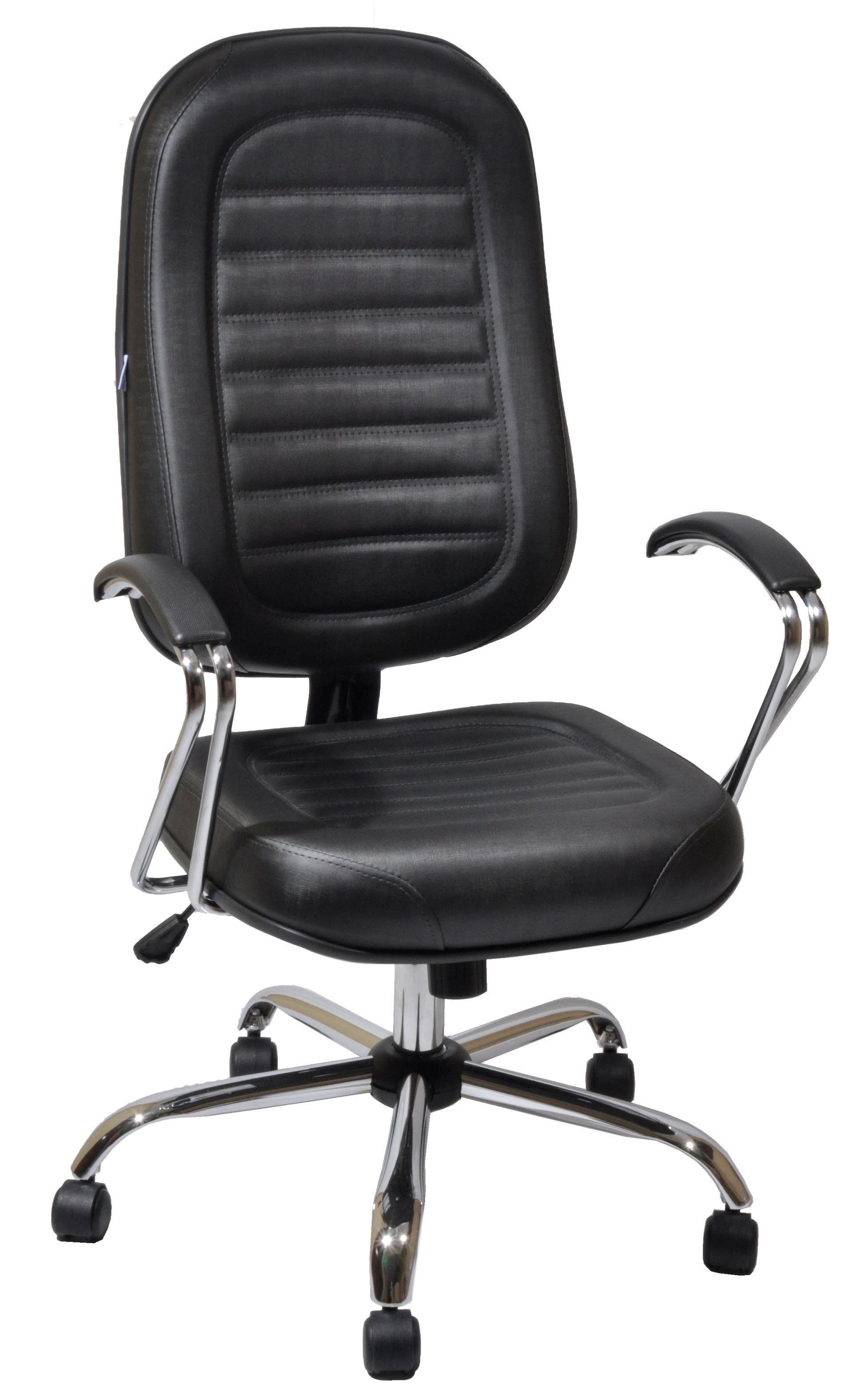 Cadeira-Para-Escritório-Modelo-Presidente-Com-Encosto-Alto-Com-Costura-Em-Alto-Relevo-Revestimento-Na-Cor-Preto-Com-Apoio-De-Braço-Fixo-Cromado-E-Com-A-Estrutura-Da-Cadeira-Cromada-Giratória