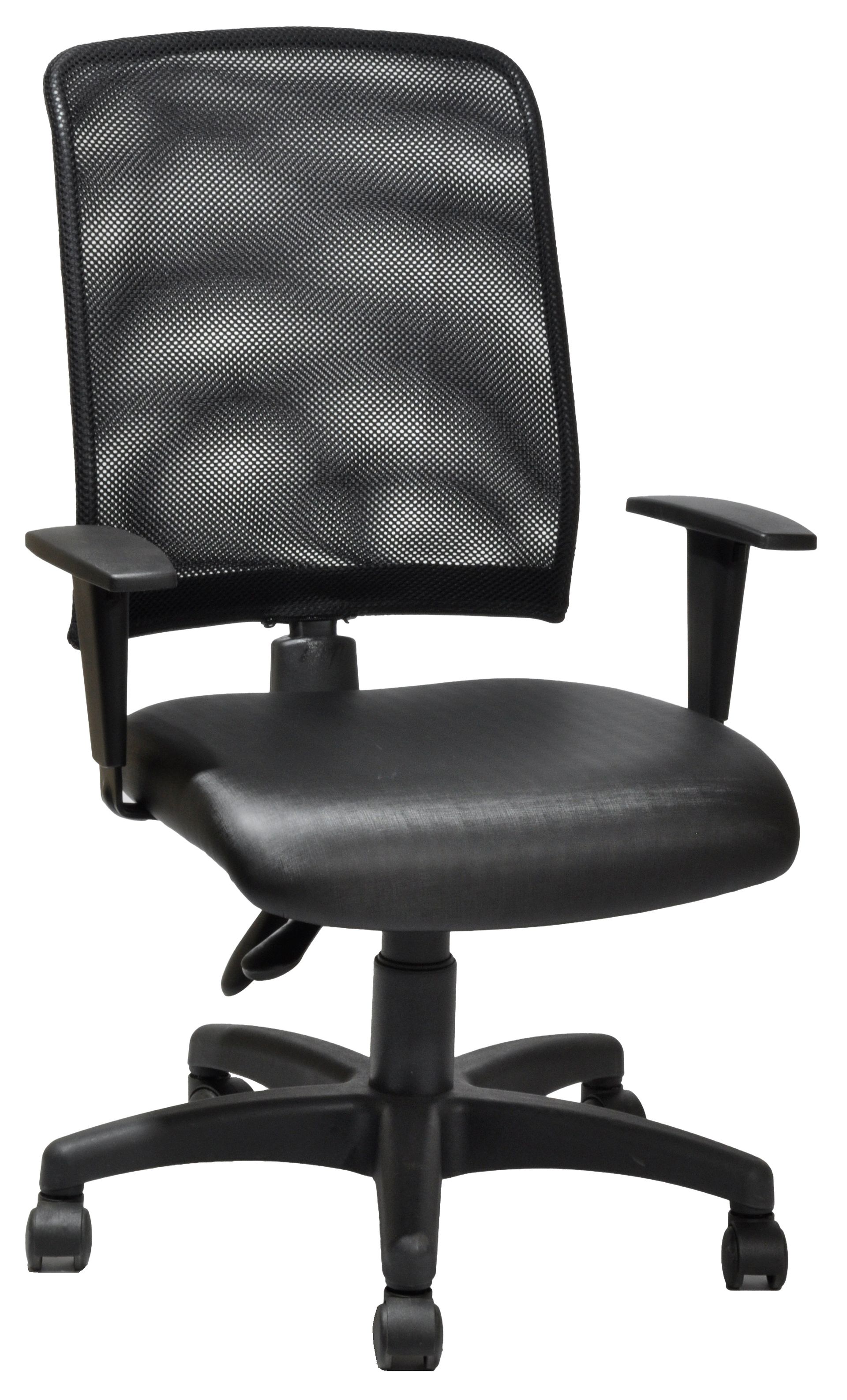 Cadeira-Diretor-Com-Encosto-Telado-Com-Mecanismo-Back-System-Para-Regulagem-Do-Encosto-Com-Assento-Em-Estofado-Com-Revestimento-Impermeável-Na-Cor-Preta-Apoio-De-Braço-Regulável-Estrutura-Preta-Suporta-Até-120-KG